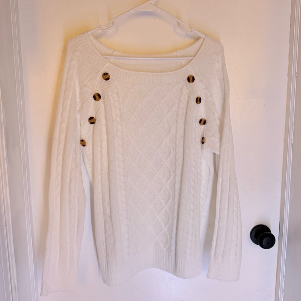 White Cable Knit Sweater with Button Accents